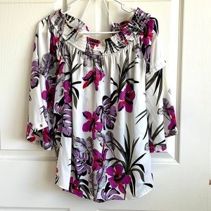 JLO XL violet, red, and cream colored blouse.